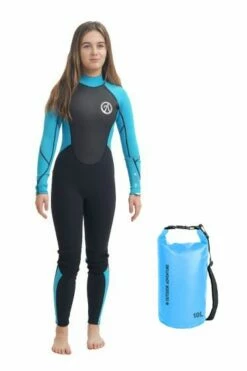 OA Classic 3/2mm Back Zip Girls Wetsuit 2023 - Black / Aqua - FREE 10L WETSUIT DRY BAG