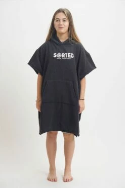Sorted Surf Premium Hooded Kids Changing Robe - Black -Mystic Sale sorted robie kids1