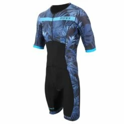 Zone3 Activate+ Tropical Palm Mens Full Zip Short Sleeve Trisuit - Black/Blue
